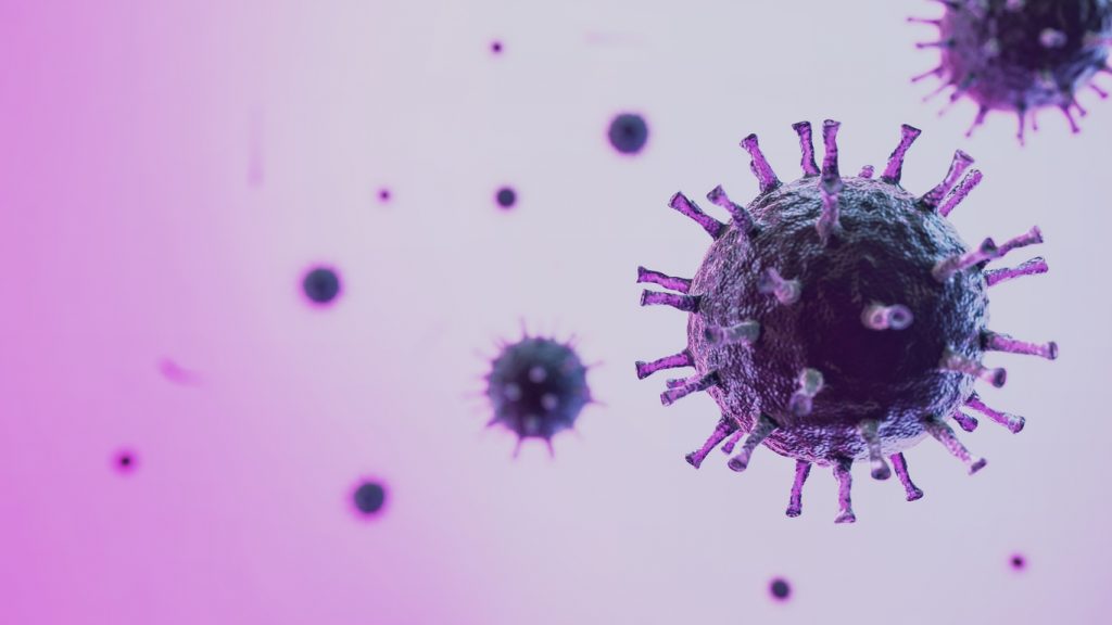 Dangerous Pandemic coronavirus covid-19 flu 3D rendering with purple background and deep of field effect.